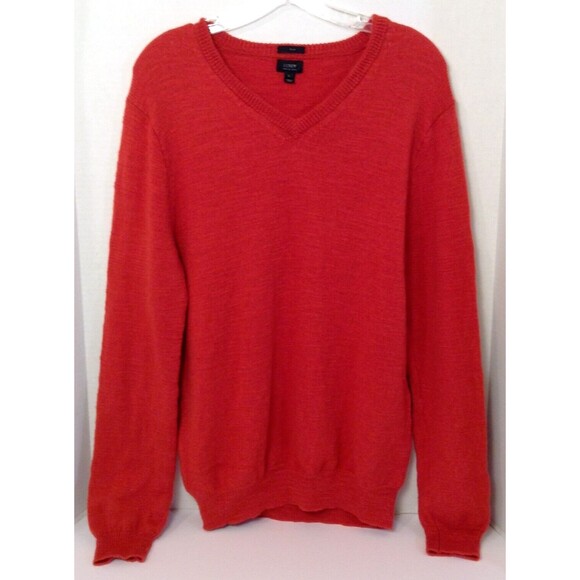 J Crew Sweater Men L Rust 100% Merino Wool Slim Fit V Neck Pullover Elbow Patch - Picture 1 of 11